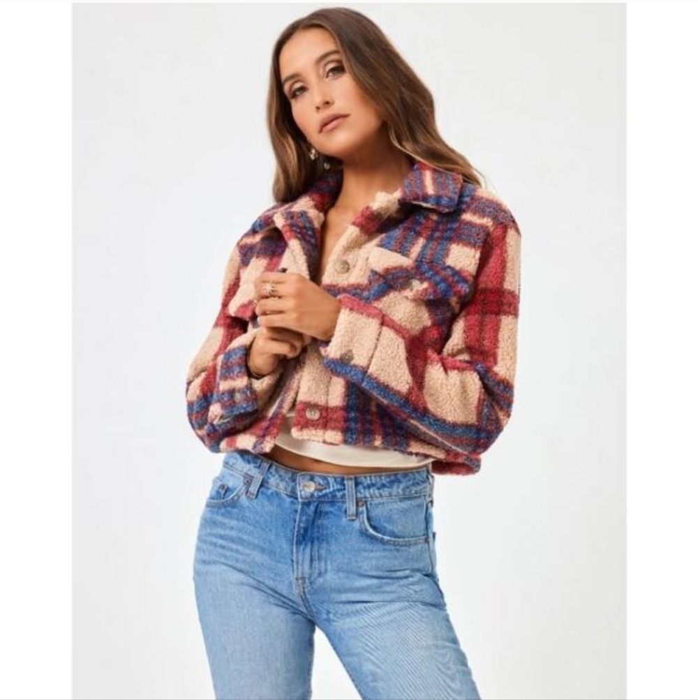 l*space Plaid Sherpa Cropped Jacket in Cream, Red & Blue